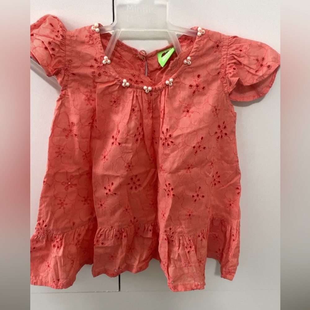Coral Eyelet Baby Dress with Pearl Accents